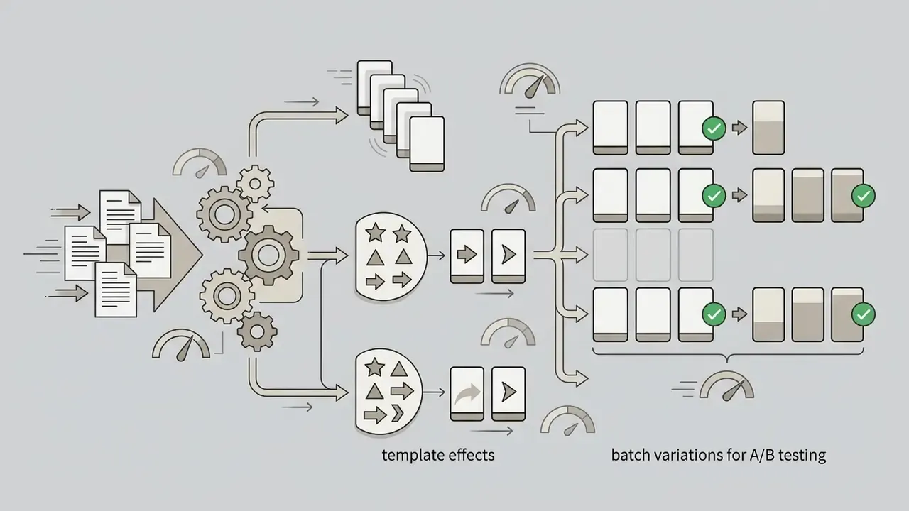 Process showing input files being converted into template effects and batch variations for A/B testing