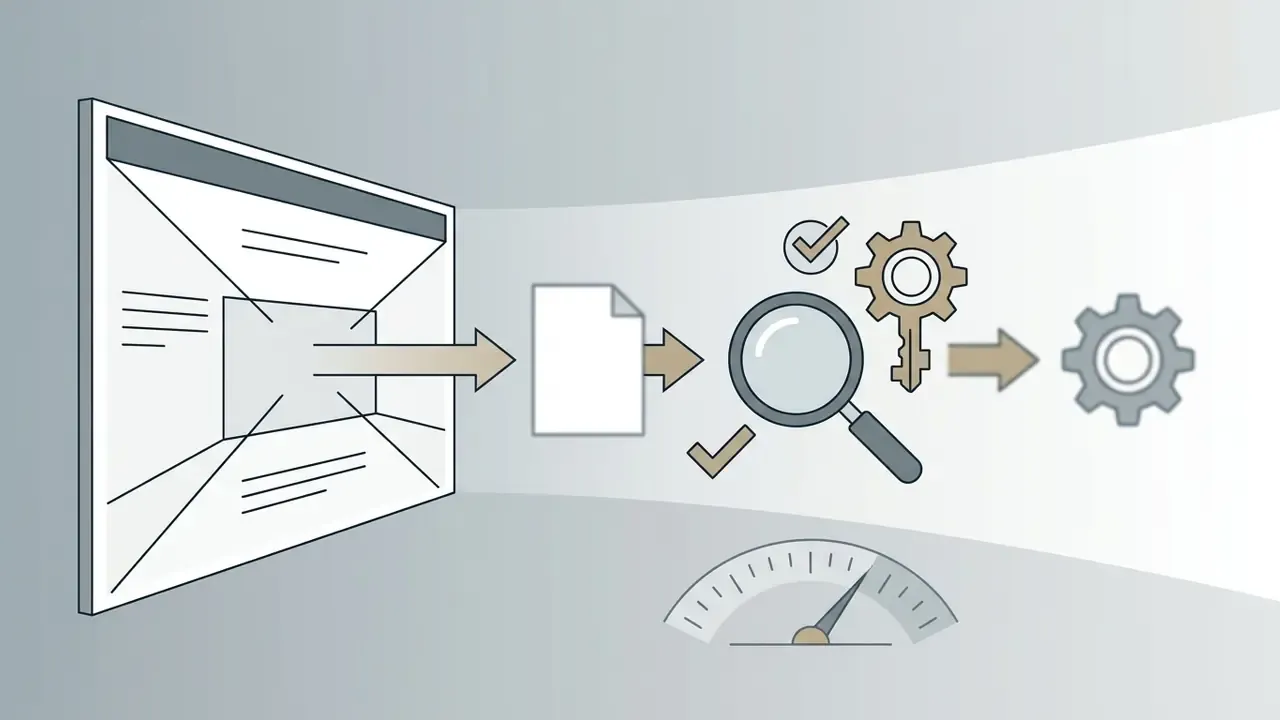 Web interface feeding a document through a magnifying glass, key, and gear mechanism with a gauge below
