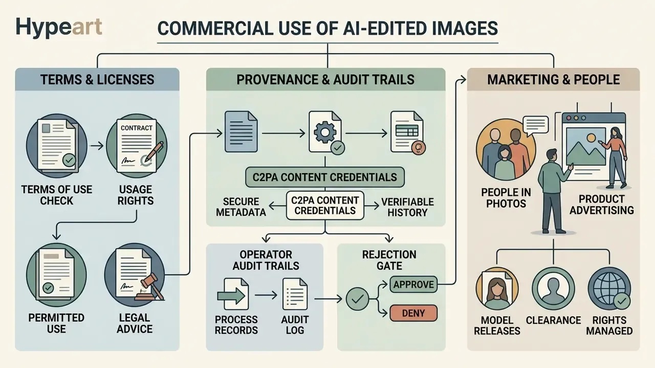 Infographic outlining legal considerations, provenance tracking, and marketing rights for AI-generated media