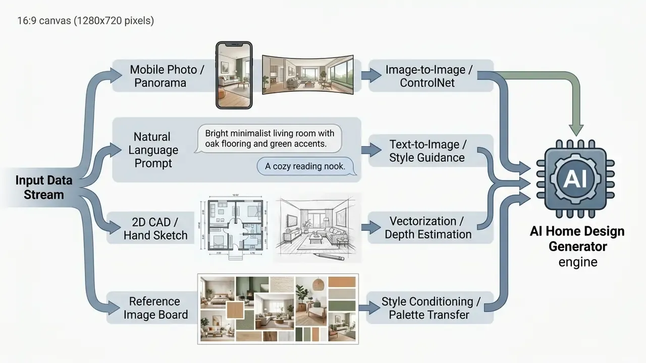 Flowchart displaying how diverse data inputs like photos, text, and sketches feed into an AI engine