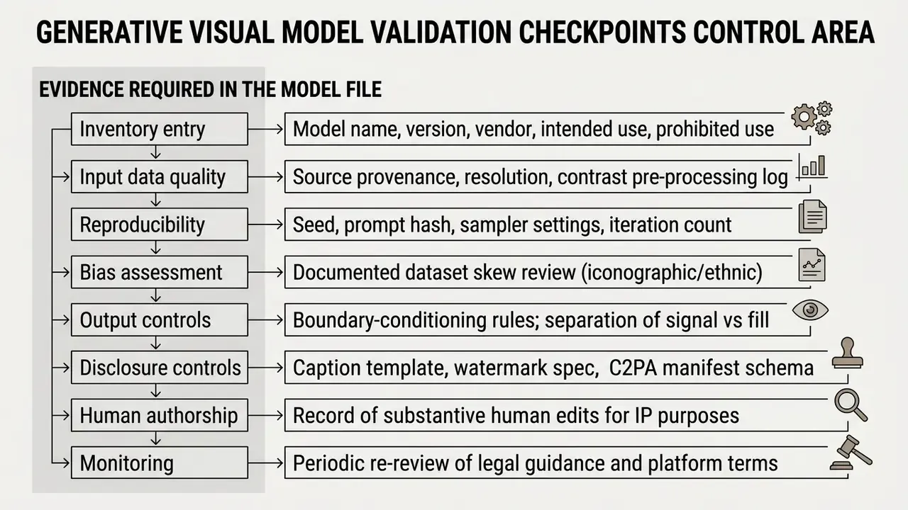 Flowchart listing required evidence for generative visual model validation across eight key control categories