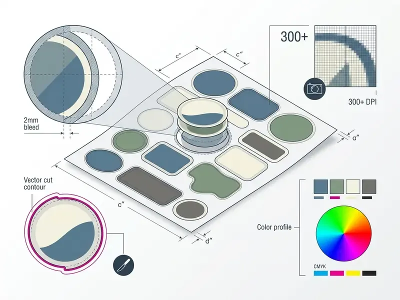 Technical guide showing print specifications including 300 DPI resolution, CMYK color, and bleed areas