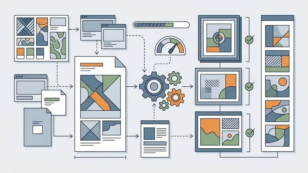 Diagram showing design assets and documents feeding into a central gear hub to produce creative outputs