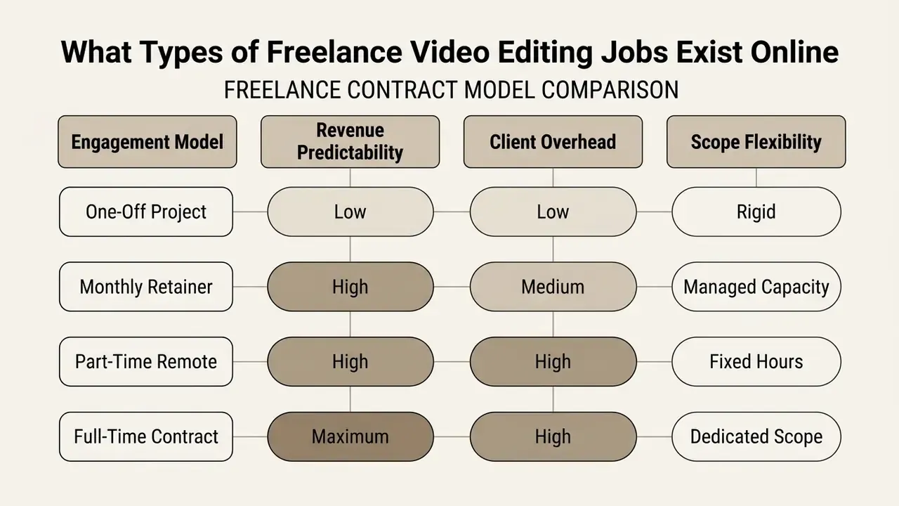 Comparison table evaluating engagement models based on revenue predictability, overhead, and flexibility