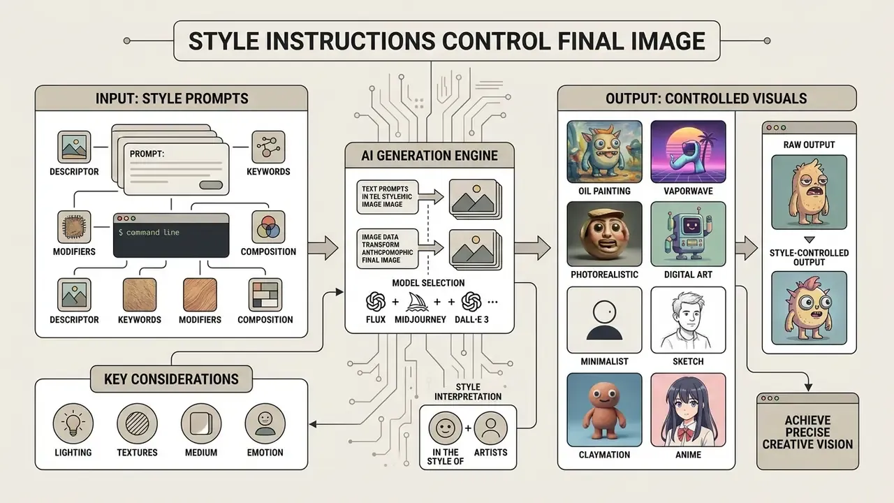 Diagram showing how style prompts and generation engines transform raw inputs into controlled visuals