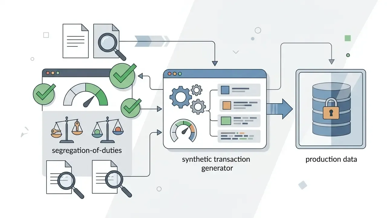 Diagram showing a synthetic transaction generator testing controls and segregation of duties