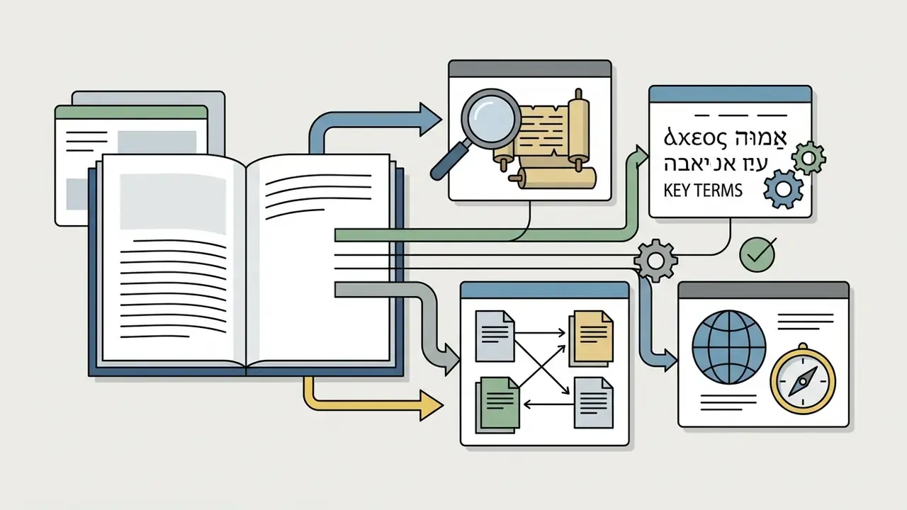 Open book connected by arrows to digital panels showing scrolls, ancient text, and geographic data