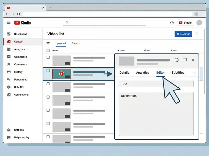 Cursor pointing to the Editor tab in the YouTube Studio video details panel to edit videos on YouTube