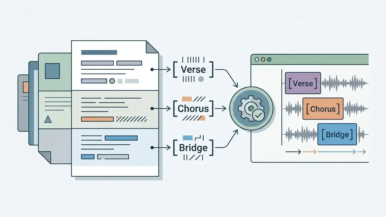 Lyrics document with structure tags mapping to audio segments in an AI song creator interface