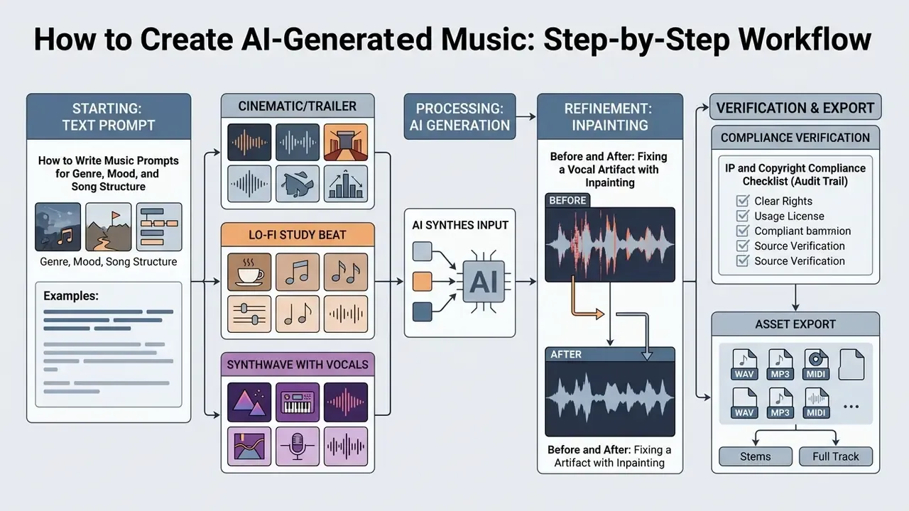 Linear diagram detailing the stages of AI music production from text prompts to final export and compliance
