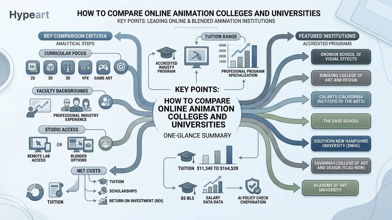 Infographic mapping evaluation criteria like curriculum, faculty, and costs against top animation schools