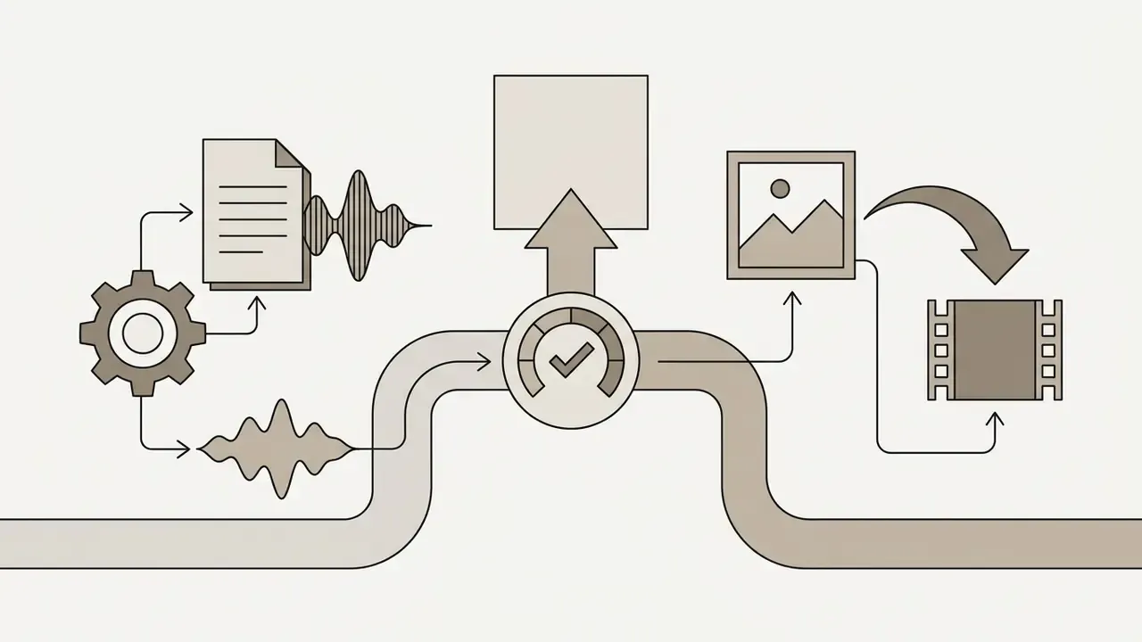 Workflow graphic showing audio and image inputs converging into a central processing hub for video output