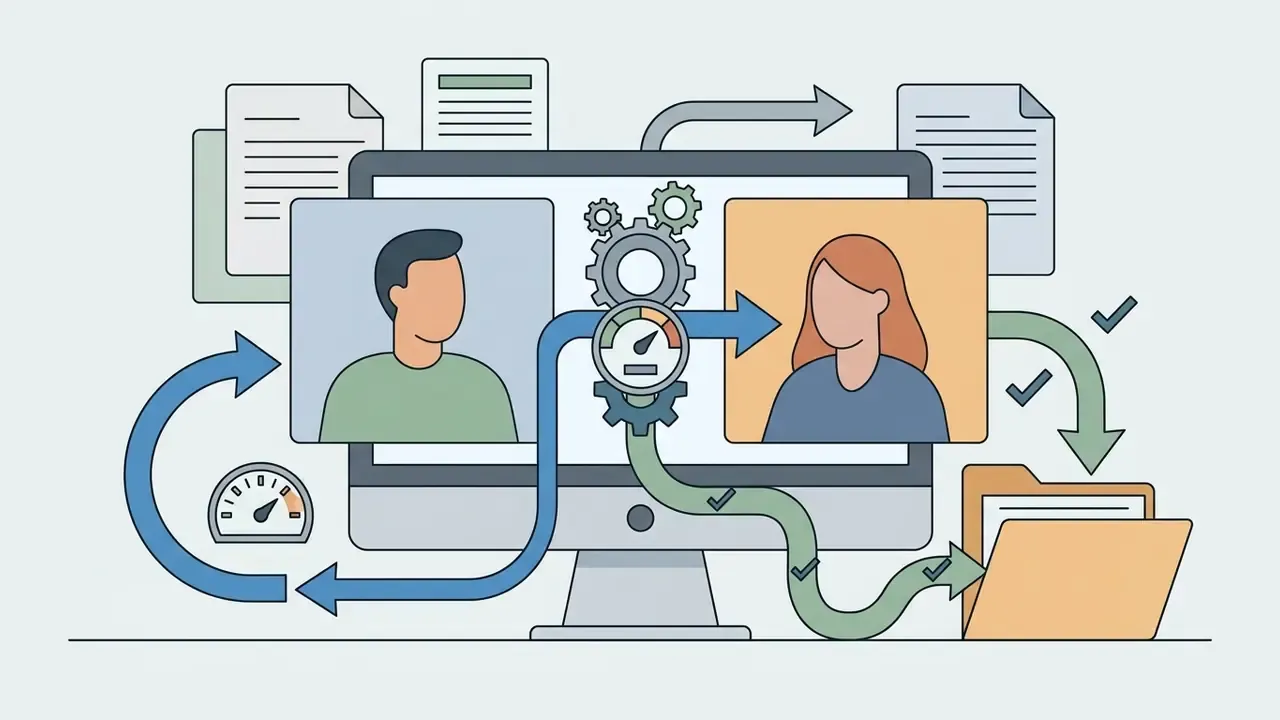 Computer monitor showing two people in video windows connected by a central gear and gauge mechanism