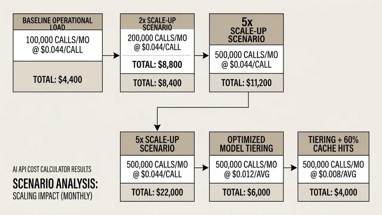 Flowchart comparing AI API cost scenarios across different usage volumes and optimization strategies