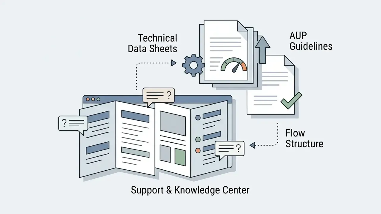 Documents and support center interface connected by arrows to technical data sheets and AUP guidelines