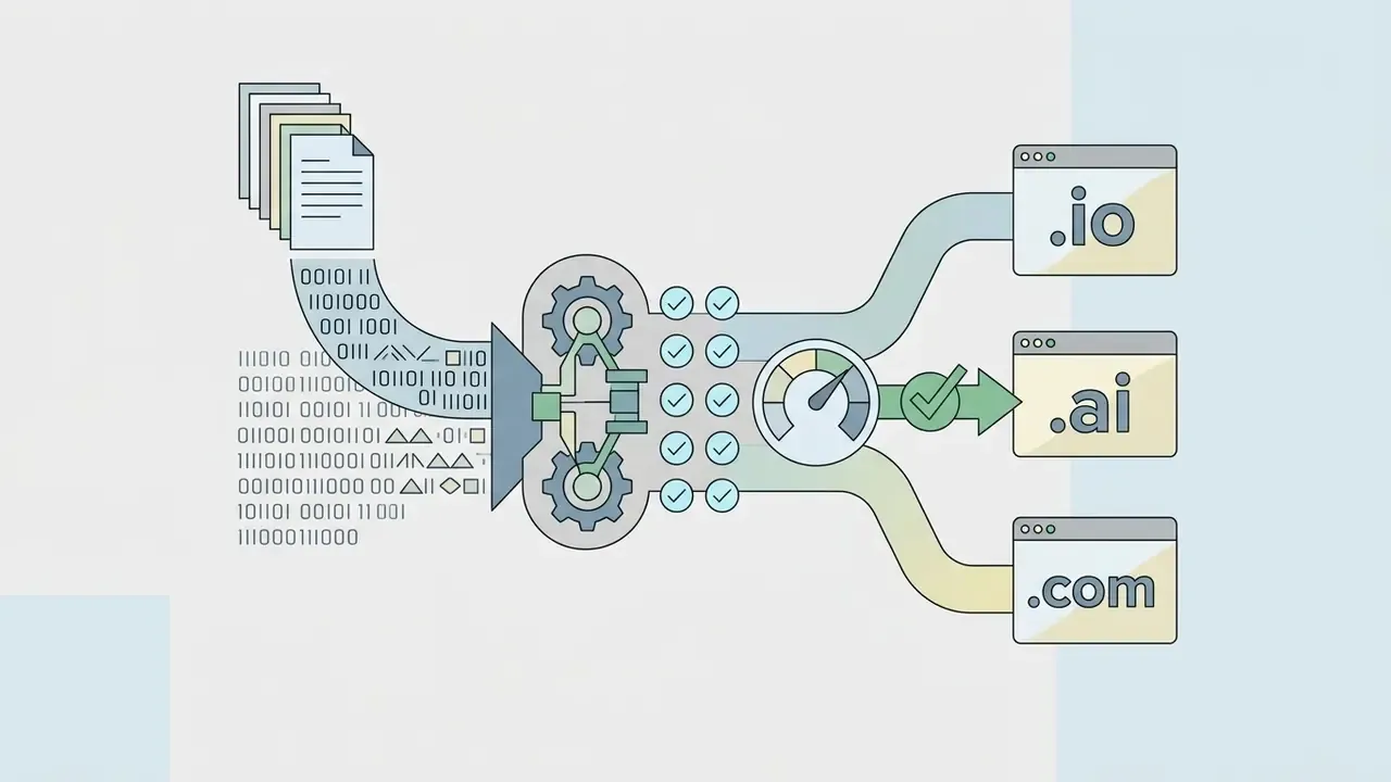 Binary data flowing through gears to generate domain name extensions like .io, .ai, and .com