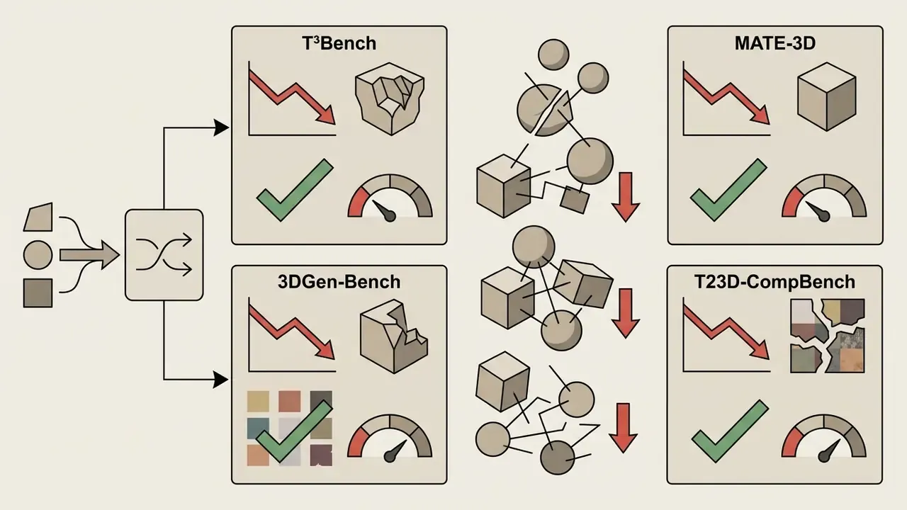 Four benchmark boxes showing performance decline graphs and object degradation for complex 3D compositions
