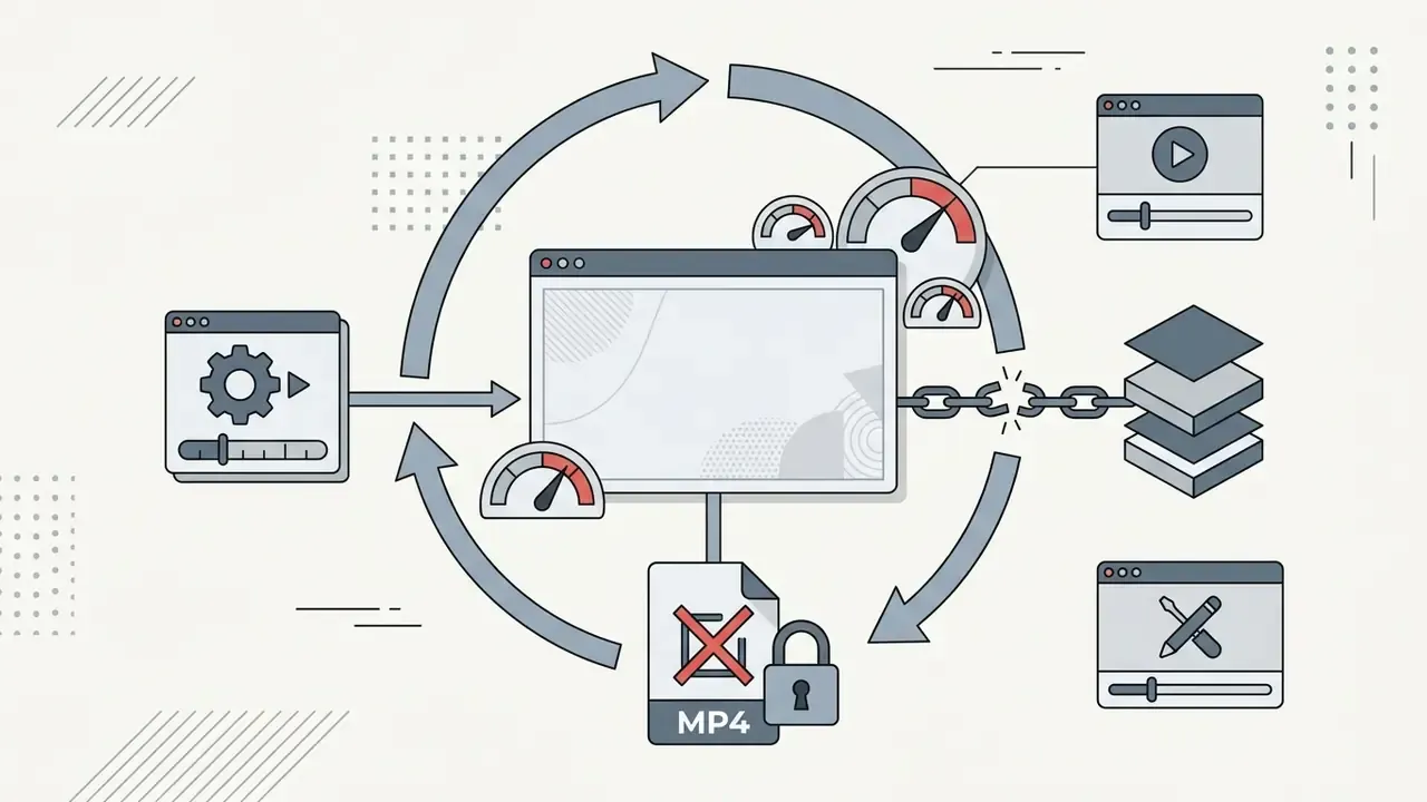 Circular workflow showing a locked MP4 file disconnected from the main project editing environment