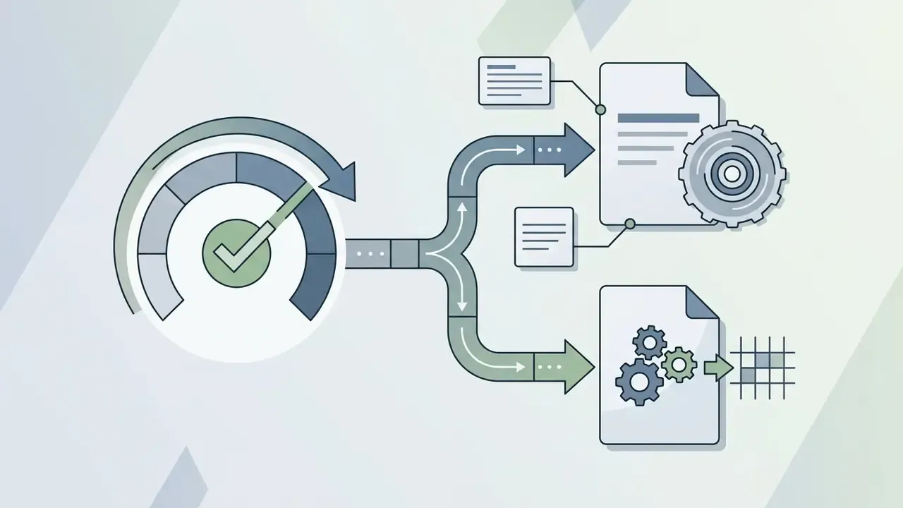 Speedometer icon branching into paths for document rendering and technical file export processes