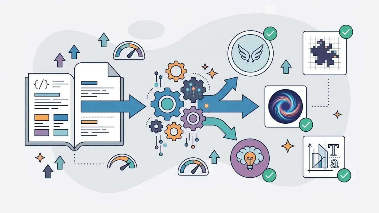 Open book with code symbols feeding into a central gear mechanism that branches out into diverse visual results
