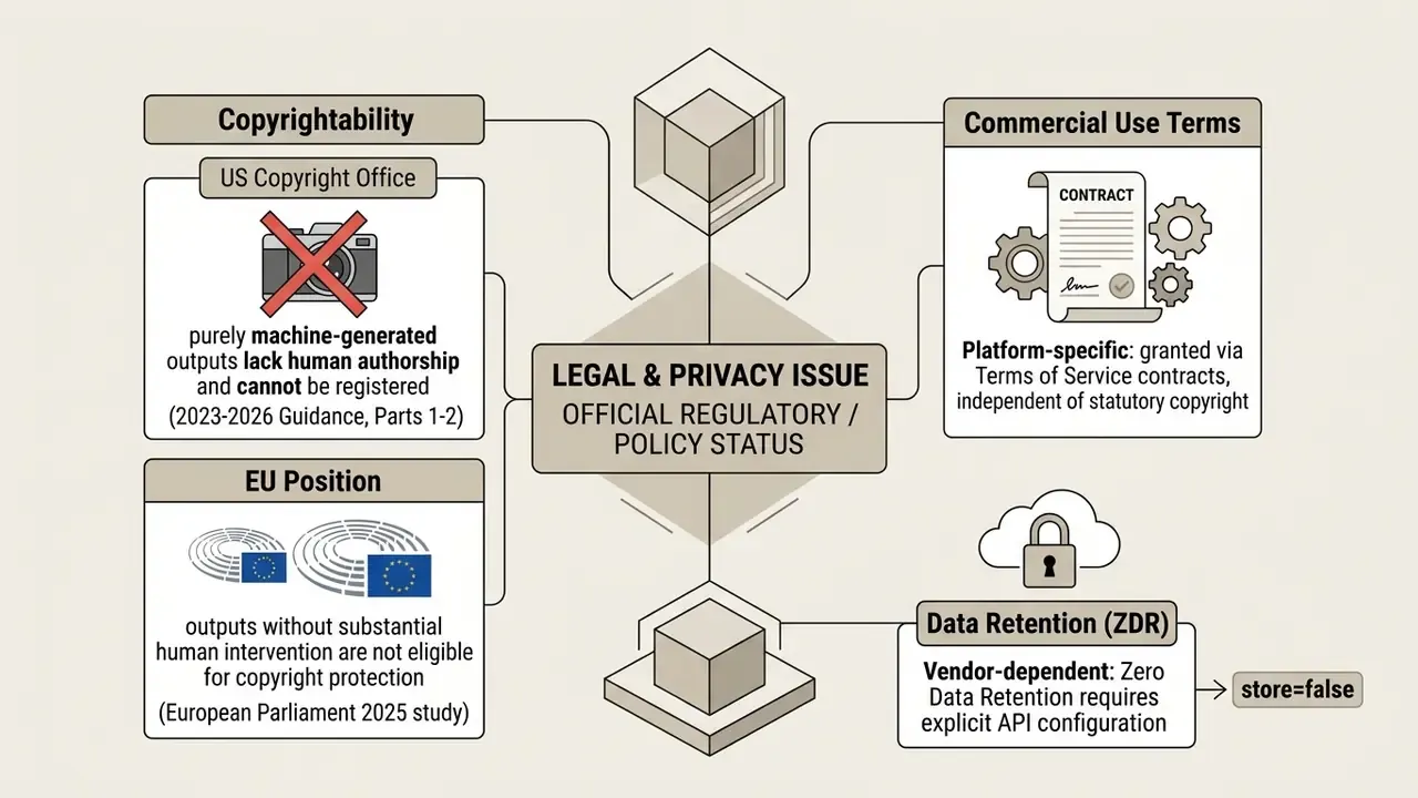 Central box linked to four panels outlining copyright, commercial terms, and data retention policies for AI