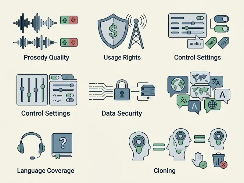 Set of icons representing technical features including audio waveforms, security shields, and language maps