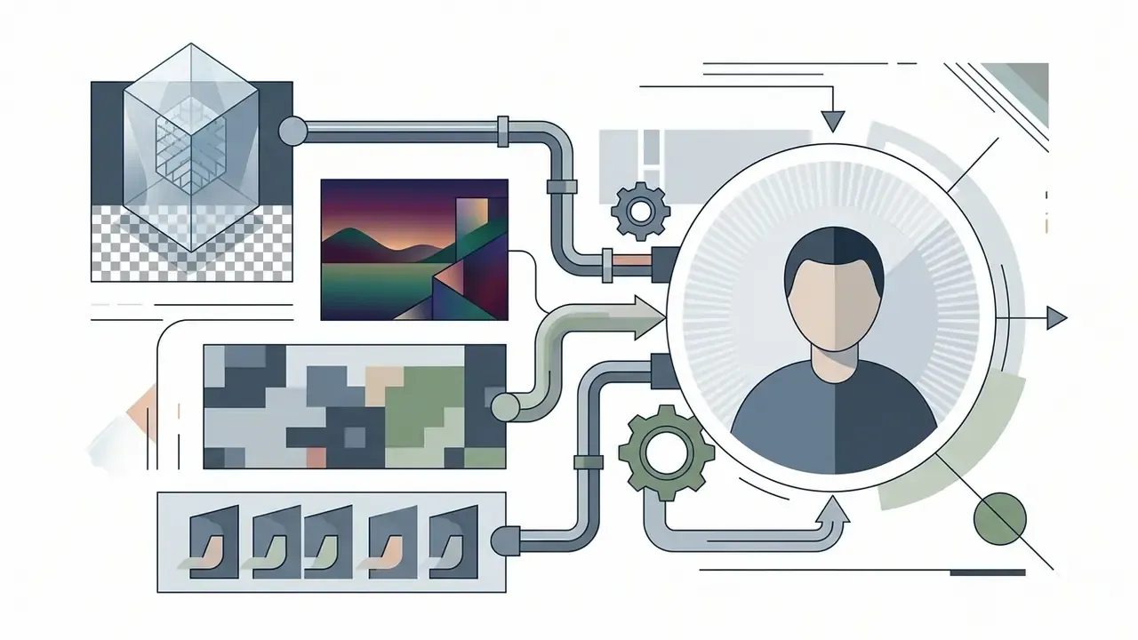 Diagram showing various image formats and files being processed through pipes into a circular user avatar