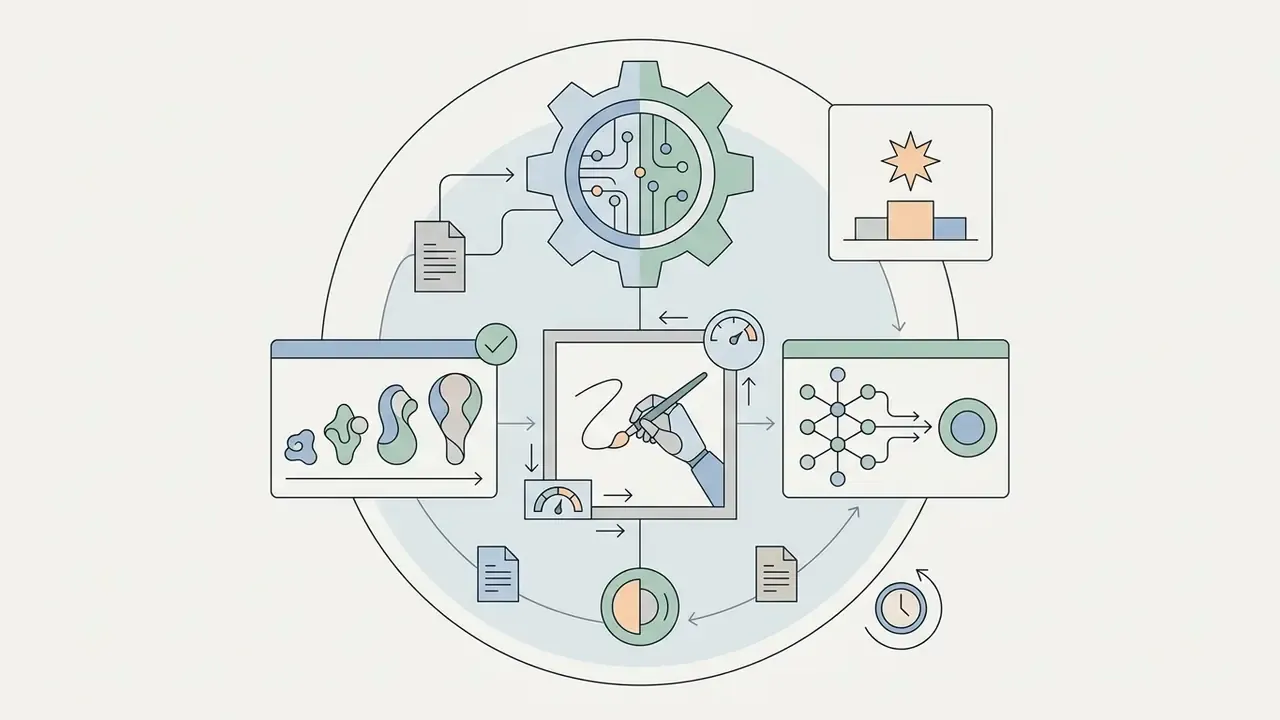 Robotic hand drawing shapes connected to neural networks and data processing icons in a circular diagram