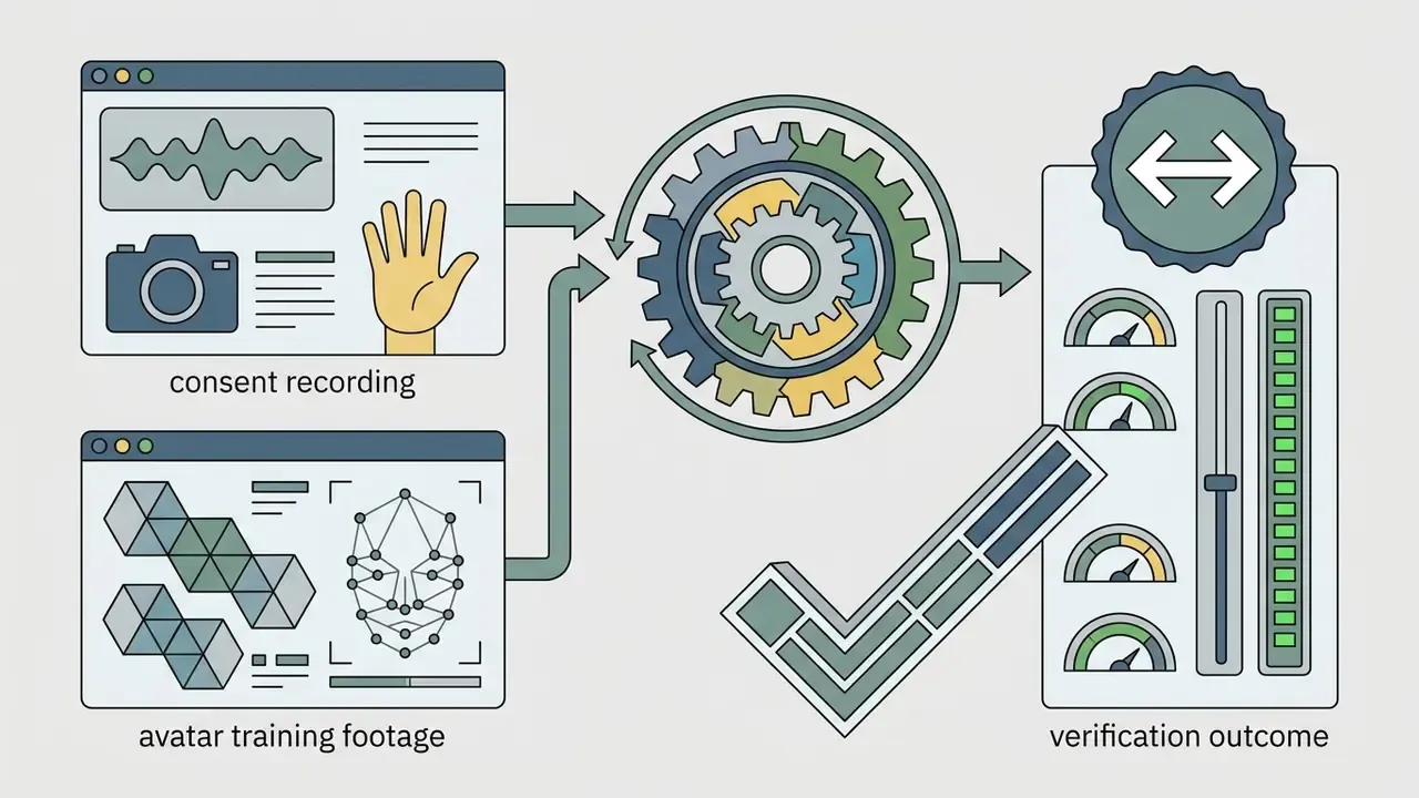 Process comparing consent recording and avatar training footage to produce a verified identity outcome