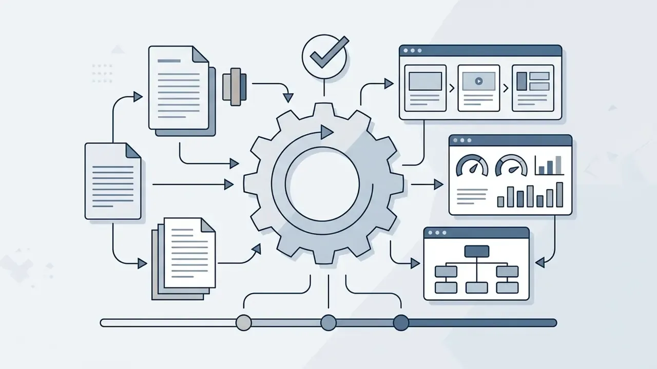 Files feeding into a central gear to generate structured slide layouts and performance dashboards
