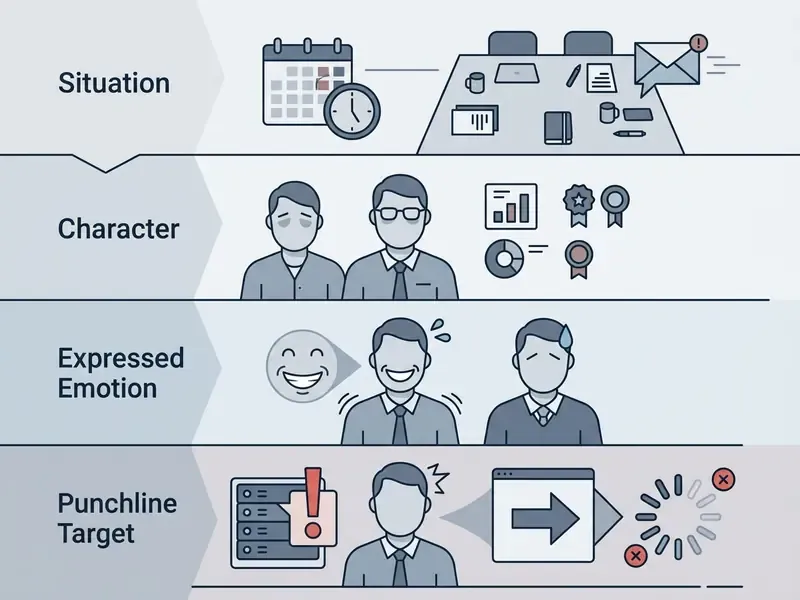 Diagram breaking down meme components into situation, character, emotion, and punchline target categories