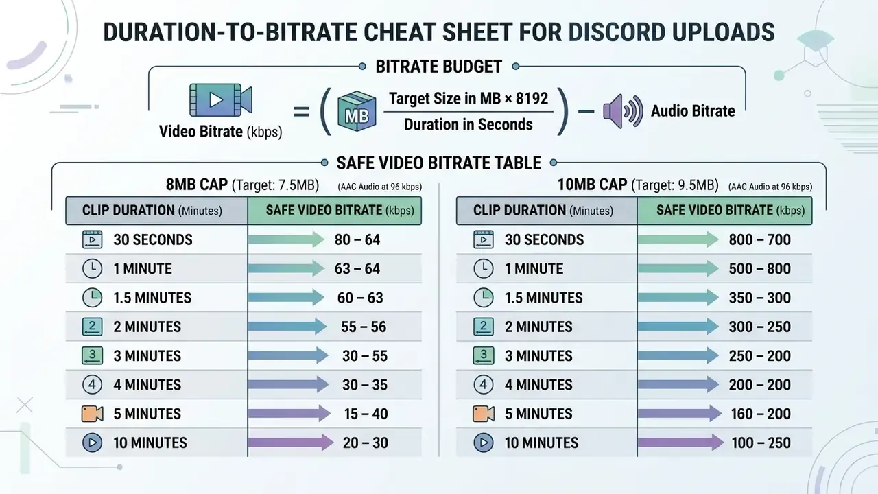 Formula for calculating video bitrate alongside a table of safe bitrates for Discord file size limits