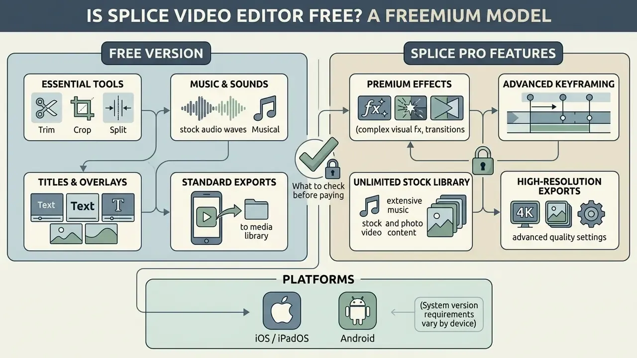Diagram contrasting free and paid subscription features alongside mobile platform compatibility icons