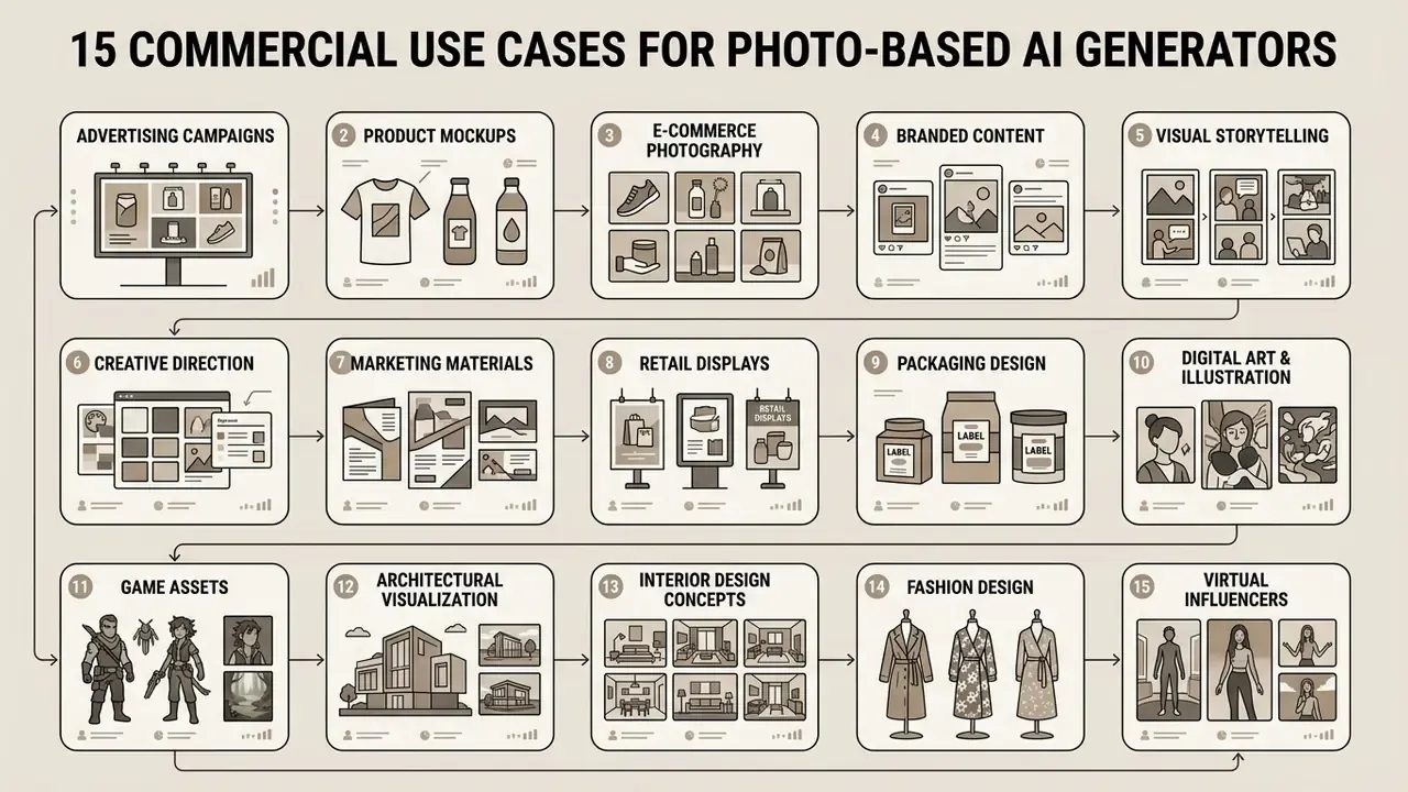 Flowchart displaying fifteen distinct professional applications for generative image technology