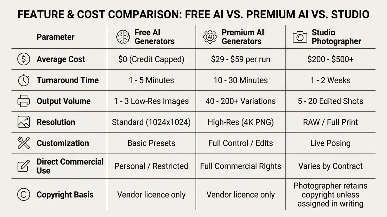 Table comparing costs, turnaround times, and output quality between free AI, premium AI, and studios