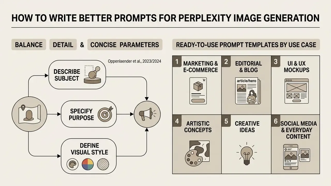 Diagram showing how to write effective prompts for Perplexity AI with categorized template examples