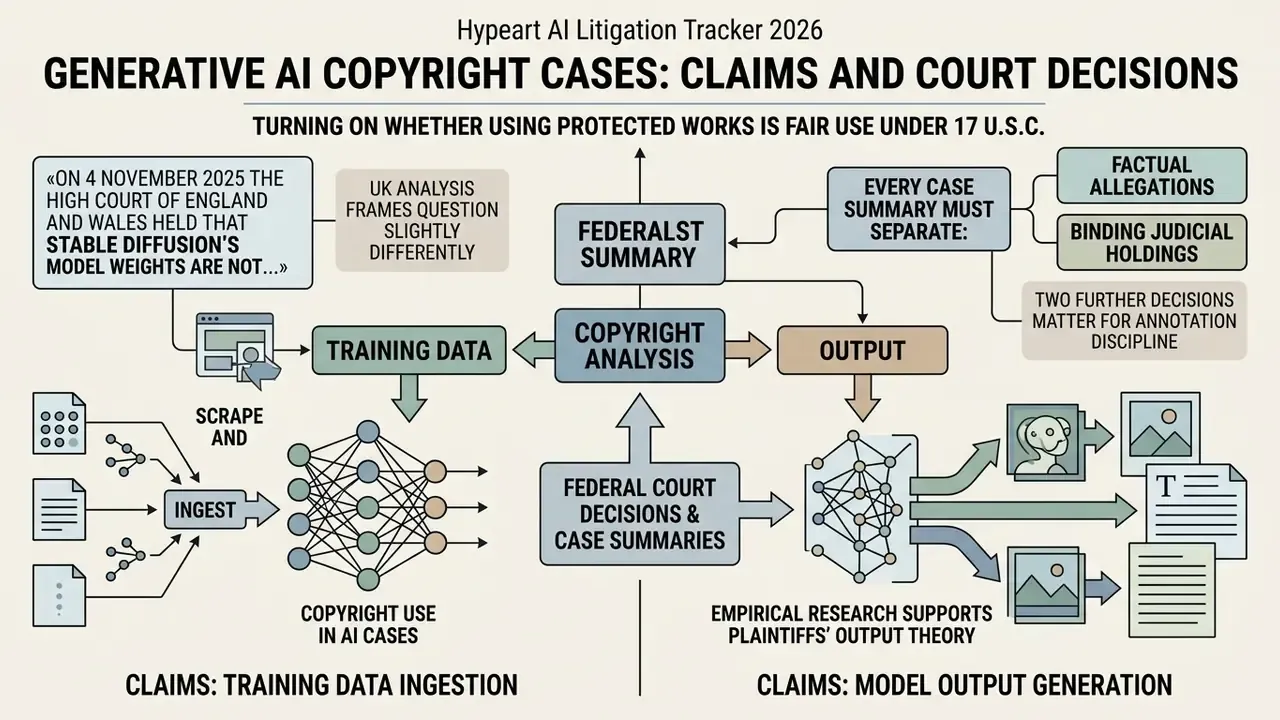 Diagram detailing the legal process of training data ingestion and model output generation in AI litigation