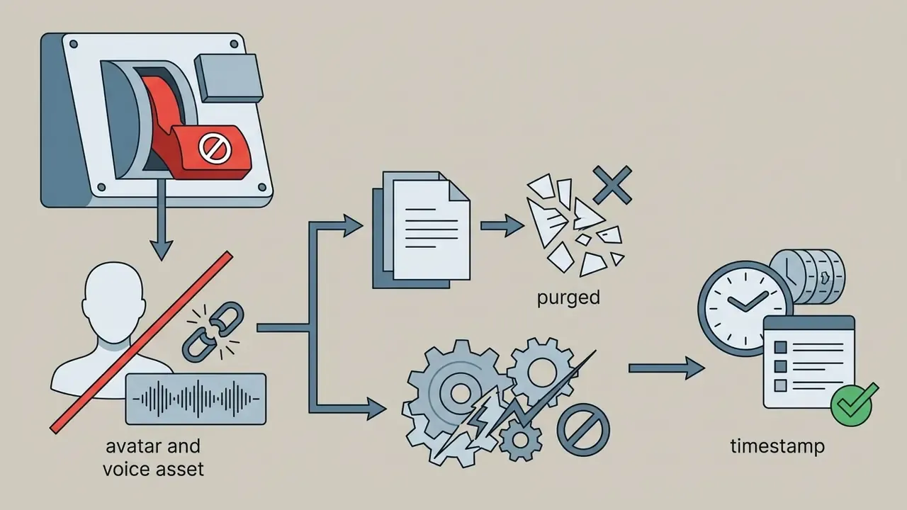 Kill switch mechanism disabling avatar and voice assets followed by data purging and timestamp logging