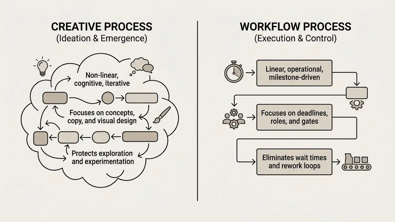 Comparison between an iterative, cloud-shaped creative process and a linear, milestone-driven workflow