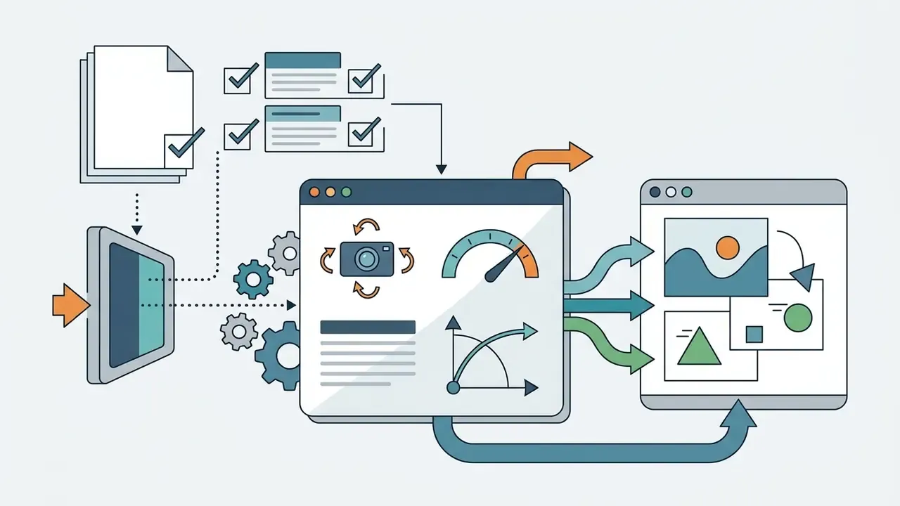 Icons of documents, gears, and motion controls guiding the process to turn a picture into AI video