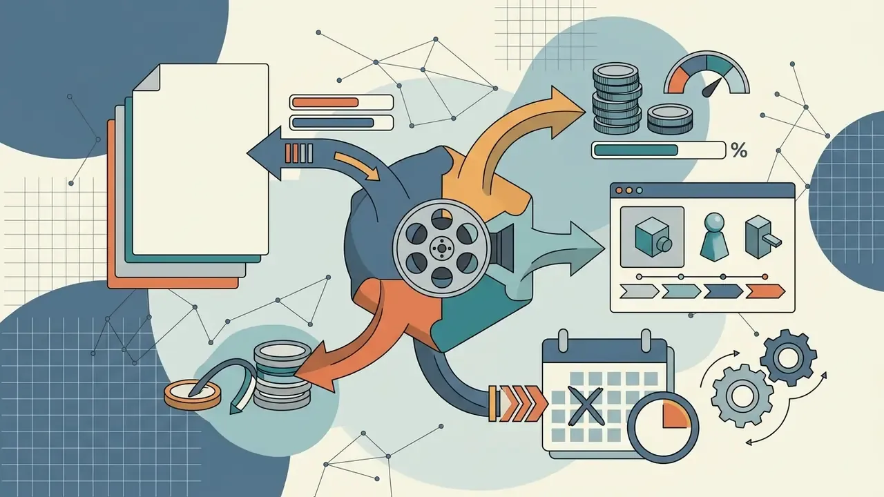 Film reel hub connecting documents, coins, software design screens, and a marked calendar deadline