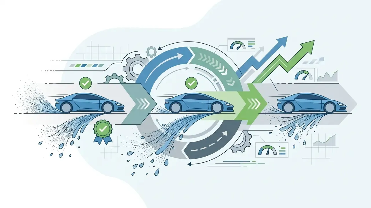 Three blue cars driving through water splashes with circular process arrows and upward growth charts