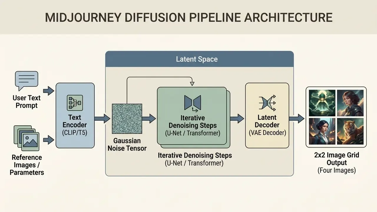 Flowchart showing the Midjourney AI process from text prompt to latent space denoising and image grid output
