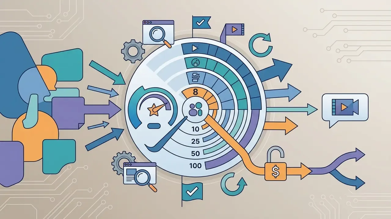 Circular gauge showing file size presets with arrows leading to a paid unlock icon and media output