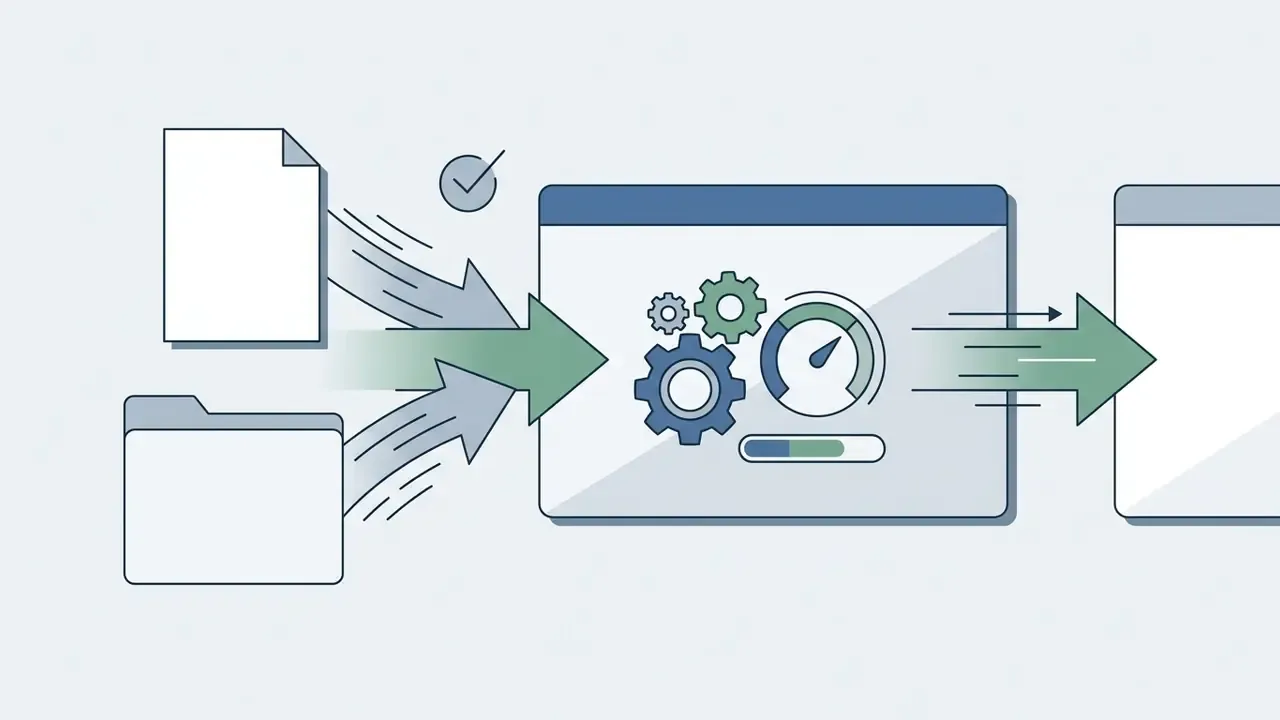 Files and folders being uploaded into a processing window with gears and a progress gauge