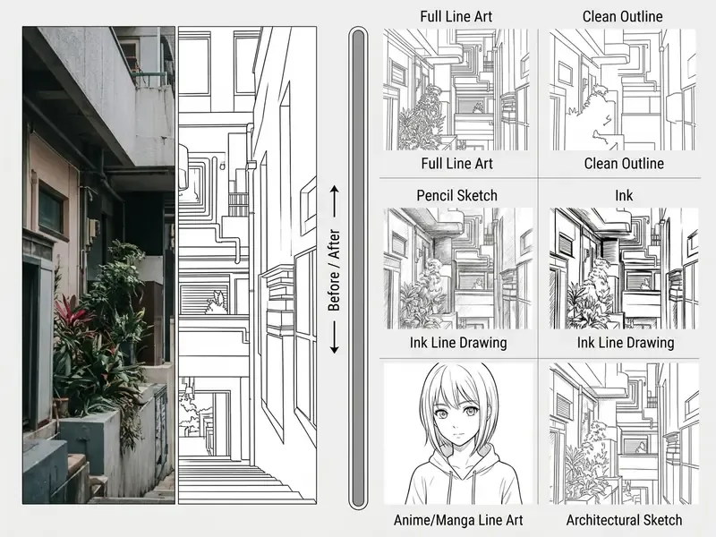 Interactive slider comparing a color building photo to six different AI line art generator styles