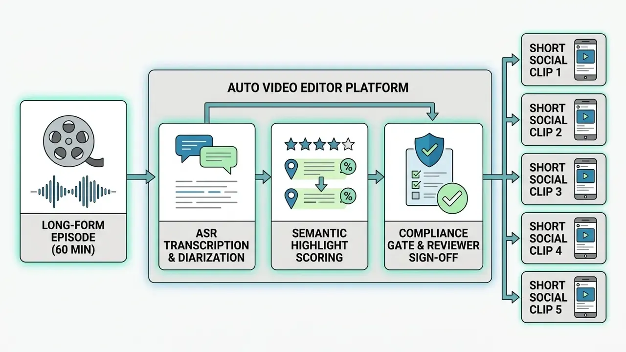 Workflow converting long episodes into short social clips through transcription, scoring, and review