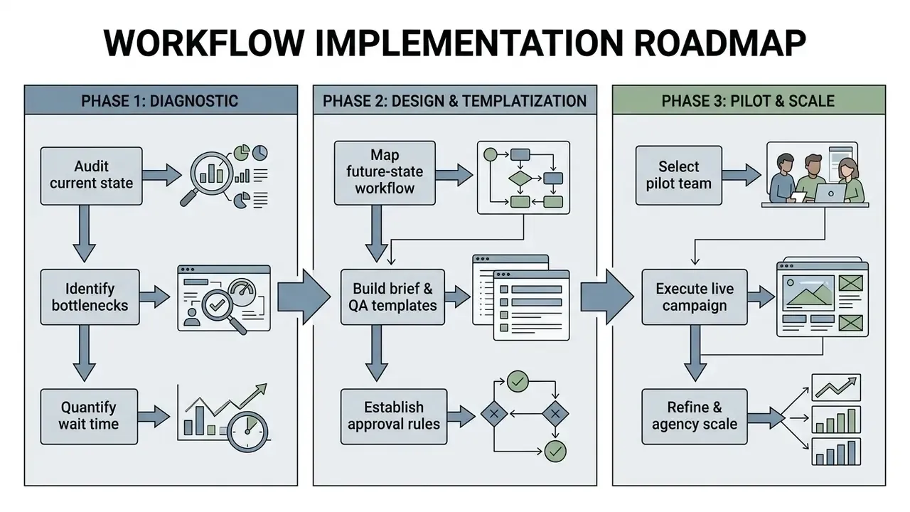 Three-phase roadmap detailing diagnostic, design, and scaling steps for operational improvement
