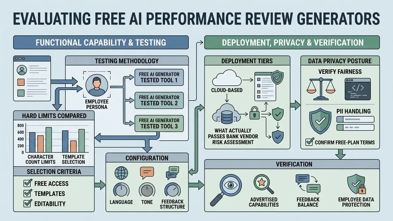 Infographic mapping the testing, deployment, and verification steps for an AI performance review generator