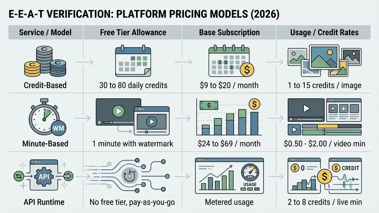 Comparison table outlining credit-based, minute-based, and API runtime service pricing models